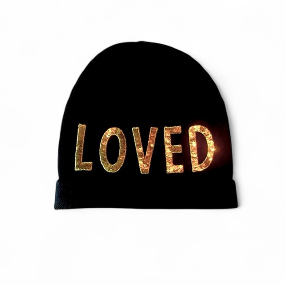 Gucci beanie hat with sequined LOVED decal on front